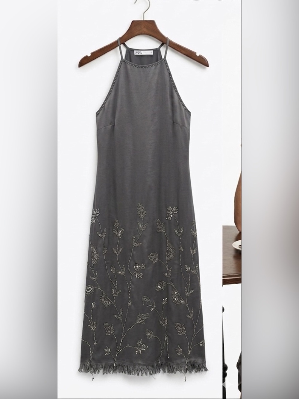 Zara Gray Embellished Halter Slip Dress